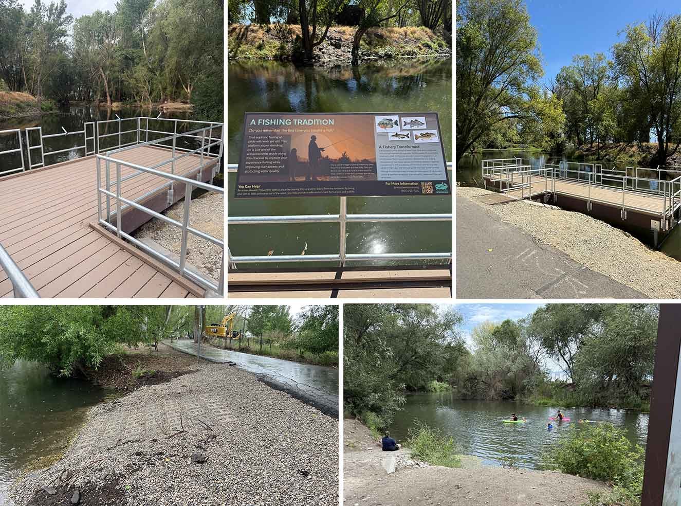 collage of photos showing fishing piers, interpretive fishing tradition sign, boat ramps and kayakers in the river