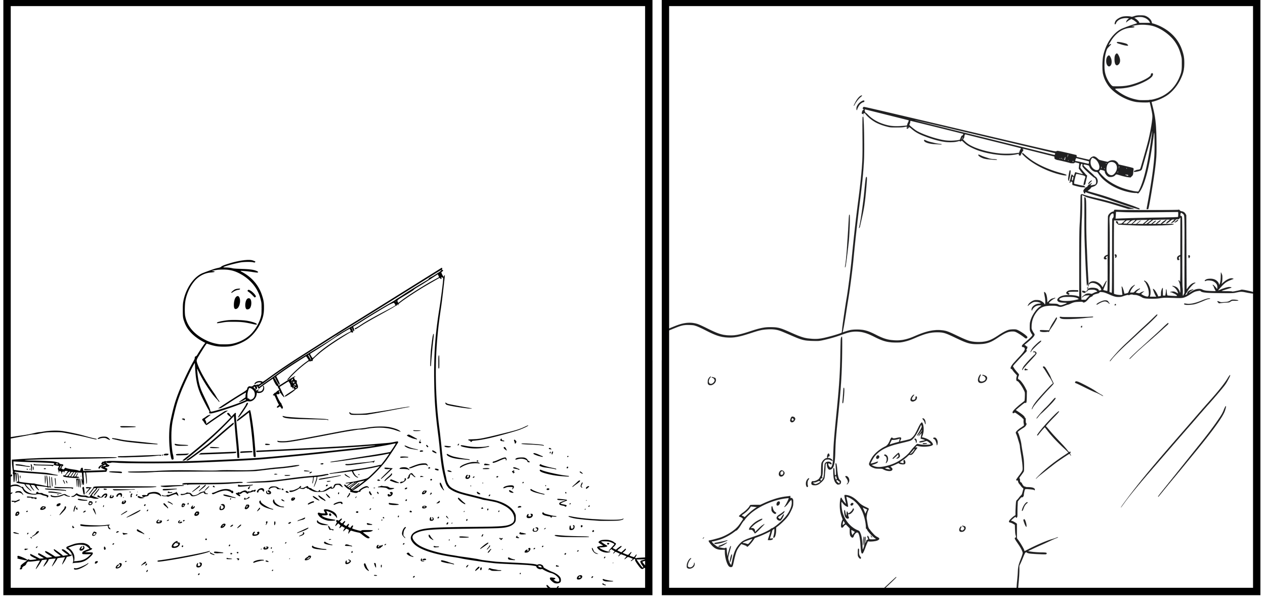 Stick figure illustration of man fishing a river with no water and another fishing in ample water