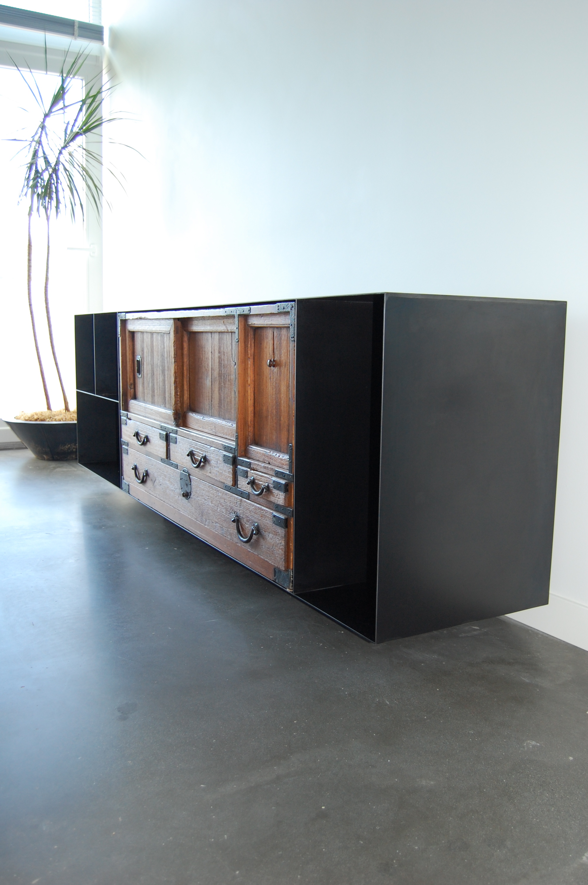  Hot Rolled Steel cabinet that was specifically designed to house an antique Tansu Cabinet.  Designed by Eggleston/Farkas Architects 