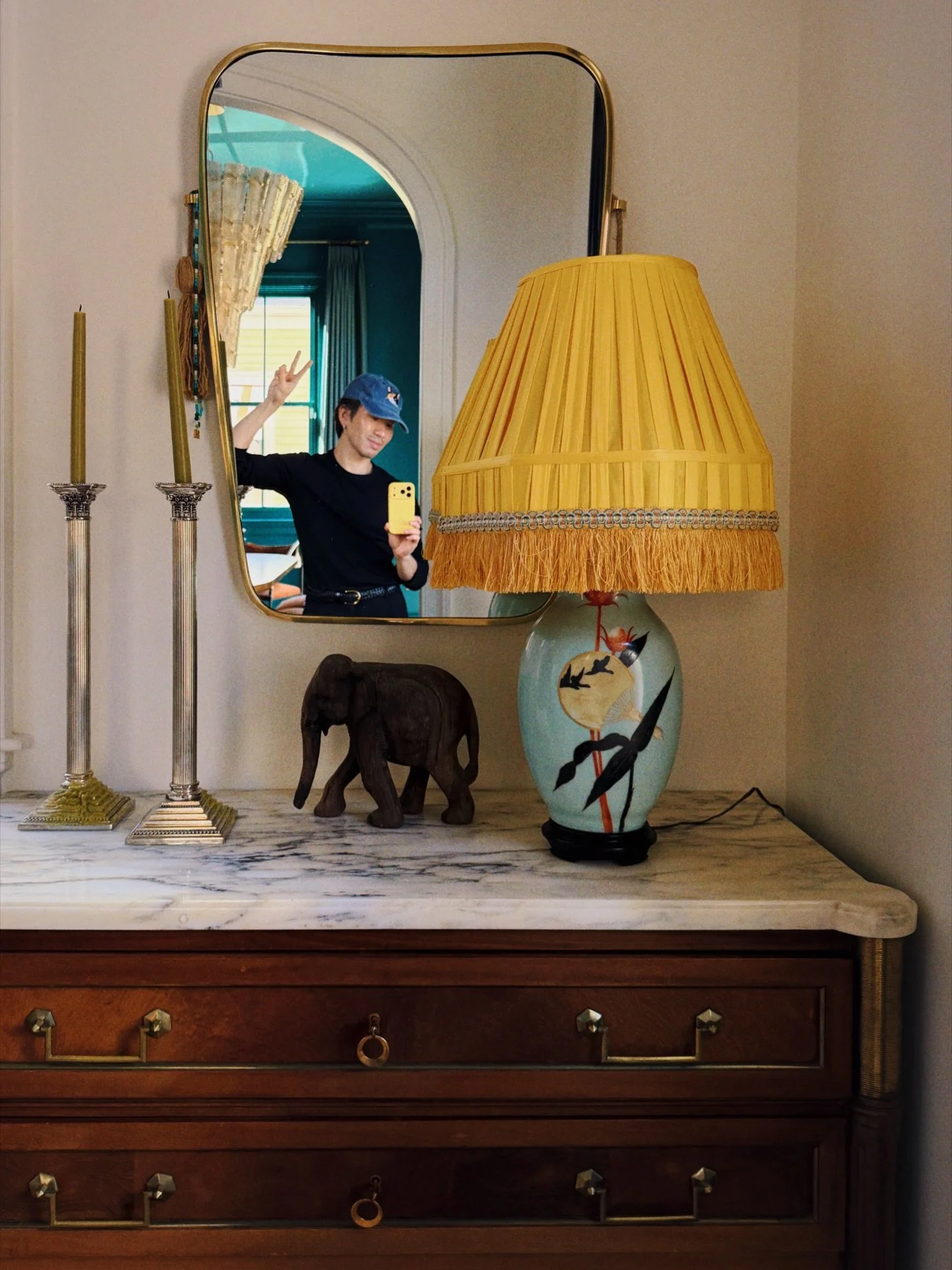 Some happy Friday finds! A custom Denning &amp; Fourcade fringed lampshade is the perfect fit for this late 19th-century chinoiserie lamp. Scored these Napoleon III slipper chairs and realized the palette mirrors the exterior of our house. I have a p