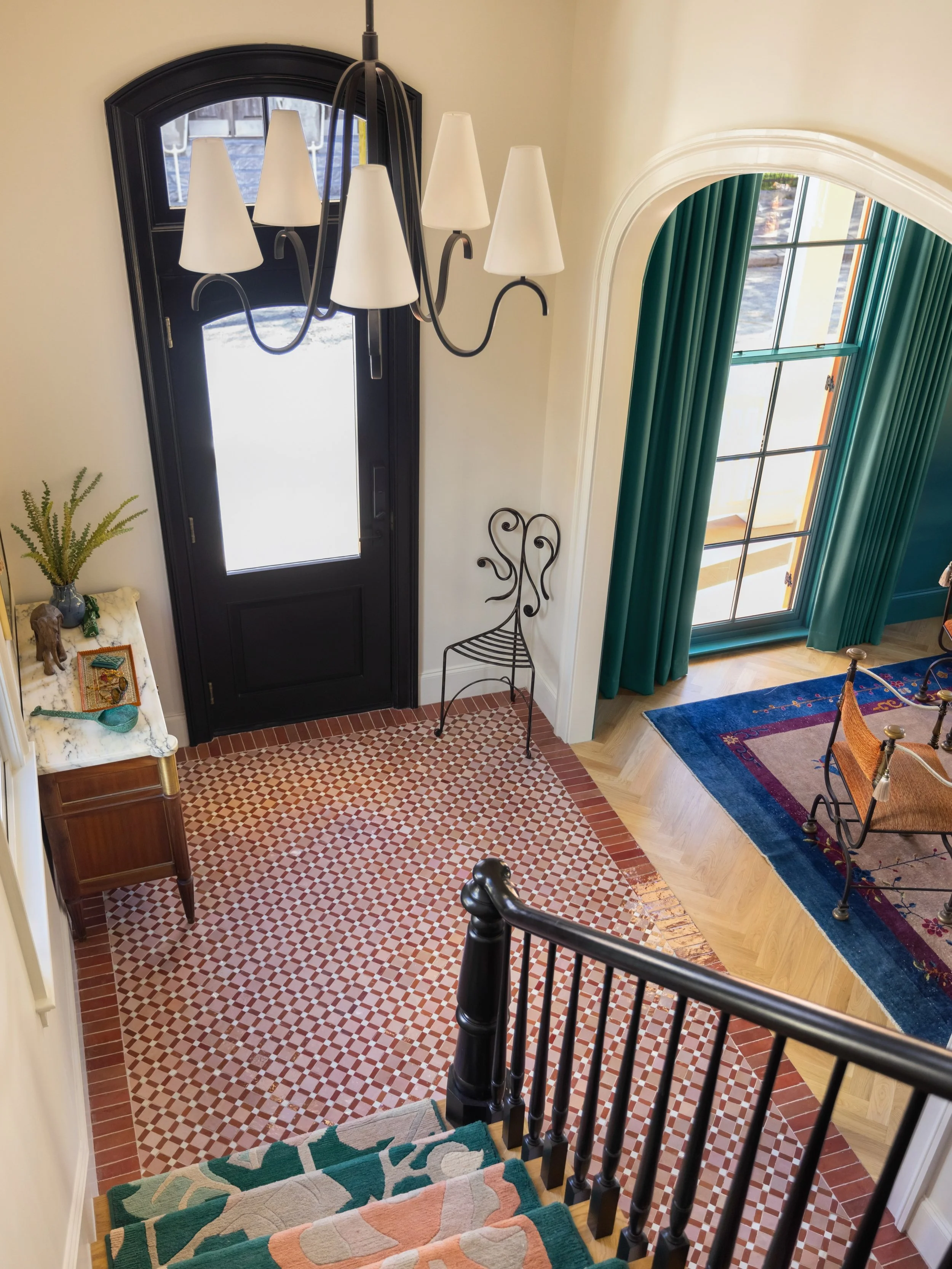 The moment you step inside our new home, you&rsquo;re greeted by this gorgeous mosaic zellige from @zia_tile. I wanted it to feel special, kind of like a classic Victorian entryway. We chose the Gambit 4 pattern which has warm blush and terracotta co