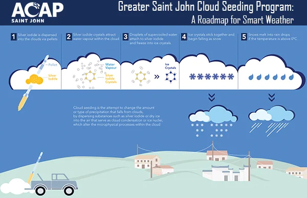 1. Silver iodide is dispersed into the clouds via pellets; 2. Silver iodide crystals attract water vapour within the cloud; 3. Droplets of supercooled water attach to silver iodide and freeze into ice crystals; 4. Ice crystals stick together and begin falling as snow; 5. Snows melt into rain drops if the temperature is above the freezing mark.