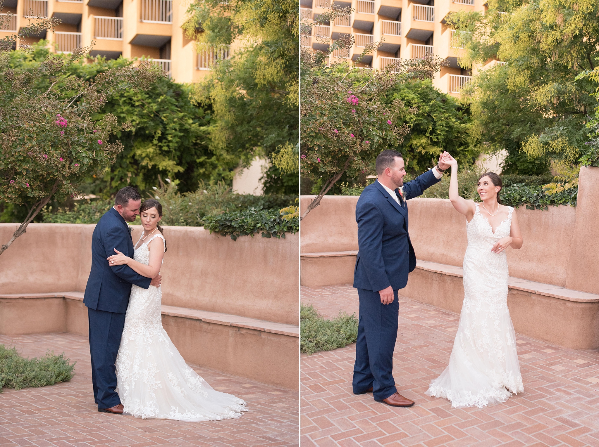 hotel albuquerque wedding photographer new mexico ann matthews bridal dress mens wearhouse cutmaster music dj courtyard coral navy blue