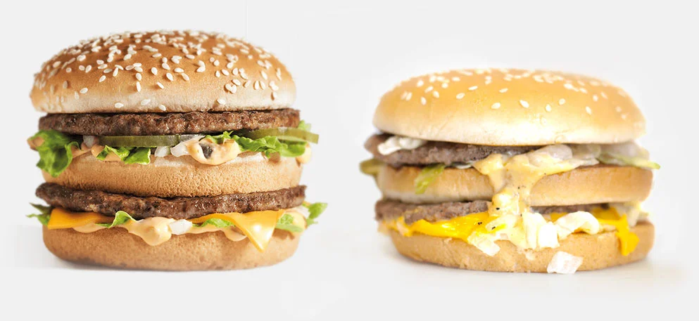 Left: McDonald’s Big Mac (marketing photo); Right: McDonald’s Bic Mac (as served).