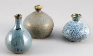 Hansen-Ross Pottery, Three Gnome Pots, centre vase made by Brian Ring while working with Hansen-Ross Pottery, Stoneware, Glaze, L to R: 1986, 1973, 2001, 7 X 5 cm, 6 X 8 cm, 5 X 5 cm, Collection of Maureen Knox.