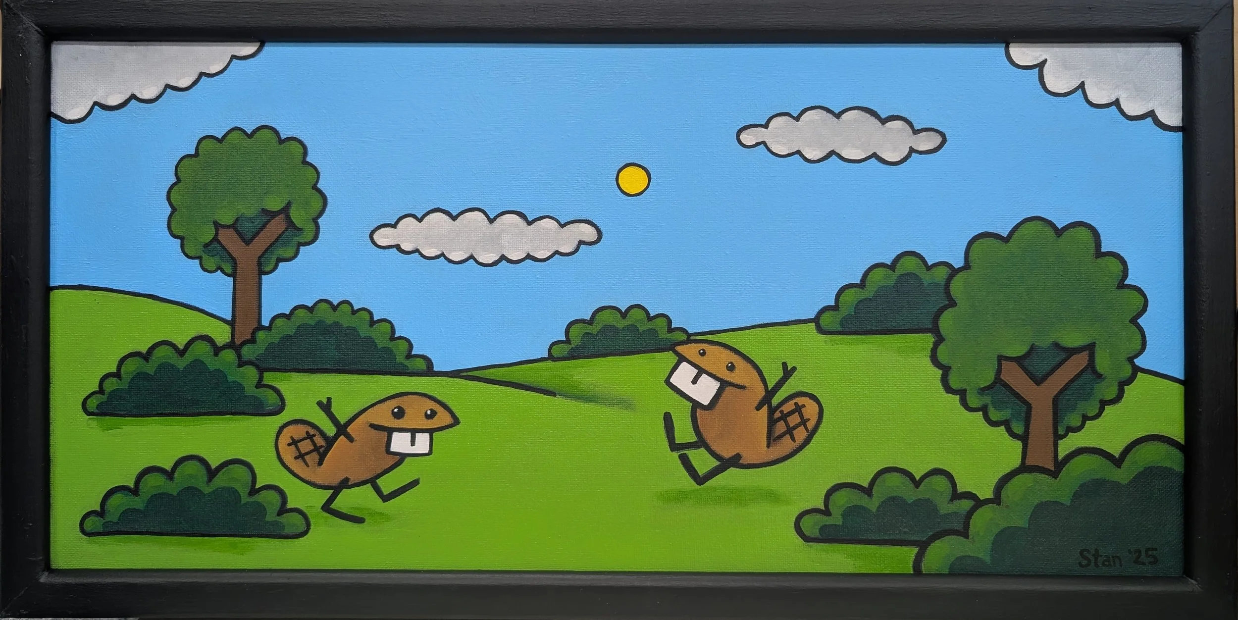  Stan Channing (aka Rob Bos)  2 Happy Little Beavers in a Landscape  acrylic on canvas  26.7 x 52.7 cm, 2025 