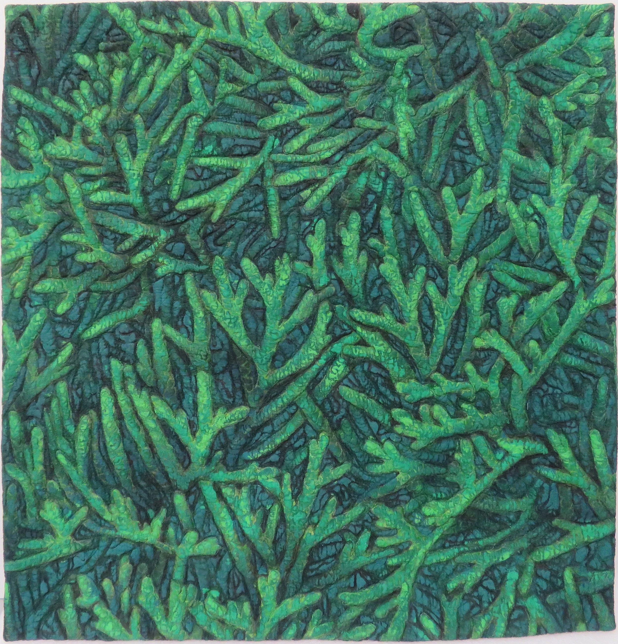 Martha Cole  Cedar Bough, Reversed  digital image on silk, fabrics, fabric paint, thread  55.9 x 55.9 cm, 2015 