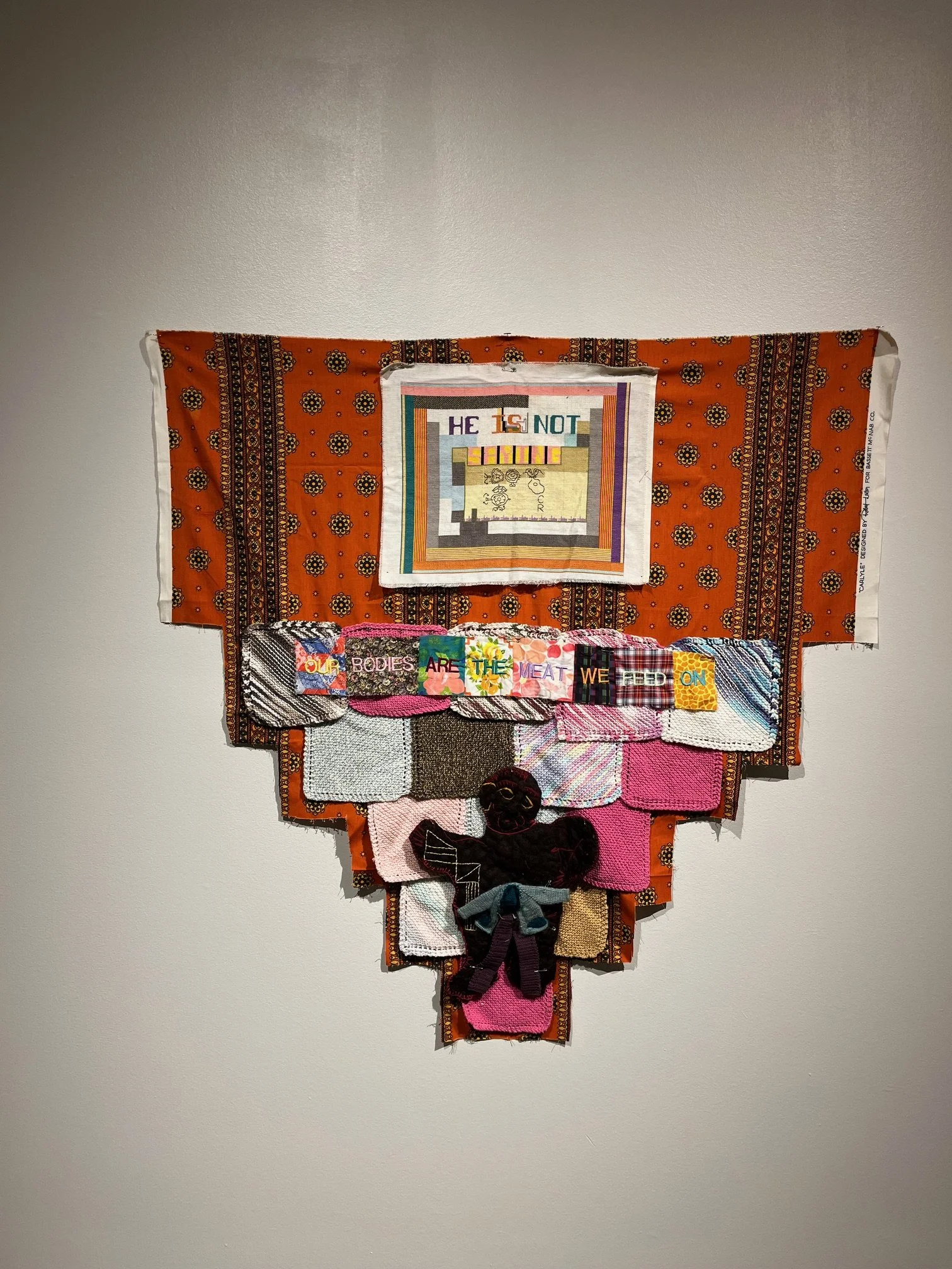   Richard Boulet  (Edmonton, AB)    The Ineffable Bond Between Father And Son    textile, cross-stitch, knitting, machine embroidery, felting, pins  131.0 x 138.0 cm  2014  Collection of the Artist 