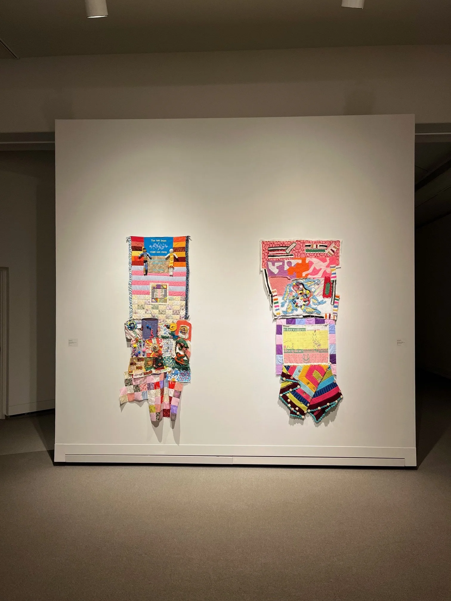  Left:    Richard Boulet  (Edmonton, AB)    Phantom Horses    textile, cross-stitch, knitting, machine embroidery, mixed media  182.9 x 71.1 cm  2019  Collection of the Artist  Right:   Richard Boulet  (Edmonton, AB)    Something or Another    textil