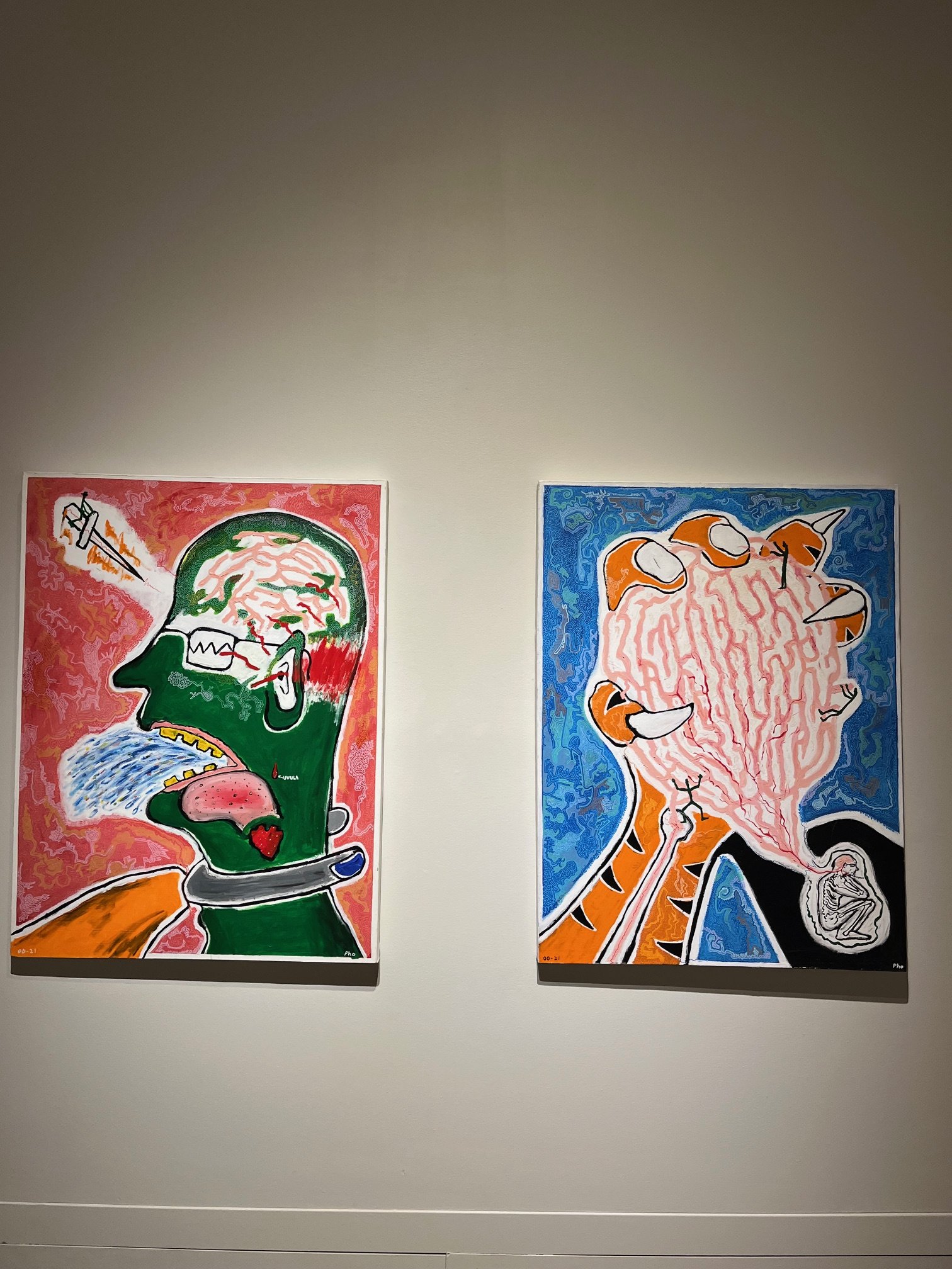  Left:   Derek Pho  (Regina, SK)    Choke    acrylic &amp; paint pen on canvas  121.9&nbsp; x 91.4 cm  2000-2025  Collection of the Artist  Right:   Derek Pho  (Regina, SK)    Grip    acrylic &amp; paint pen on canvas  121.9&nbsp; x 91.4 cm  2000-202