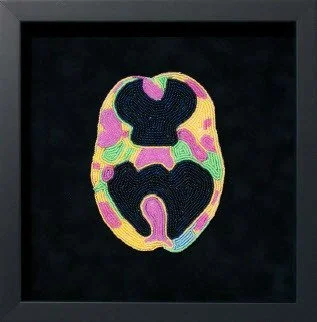   Ruth Cuthand  (Plains nêhiyew (Cree),  Little Pine First Nation / Saskatoon, SK)    Anxiety    glass beads, thread, backing  28.6 x 28.6 x 3.4 cm  2020  Indigenous Art Collection, Crown-Indigenous Relation and Northern Affairs Canada 