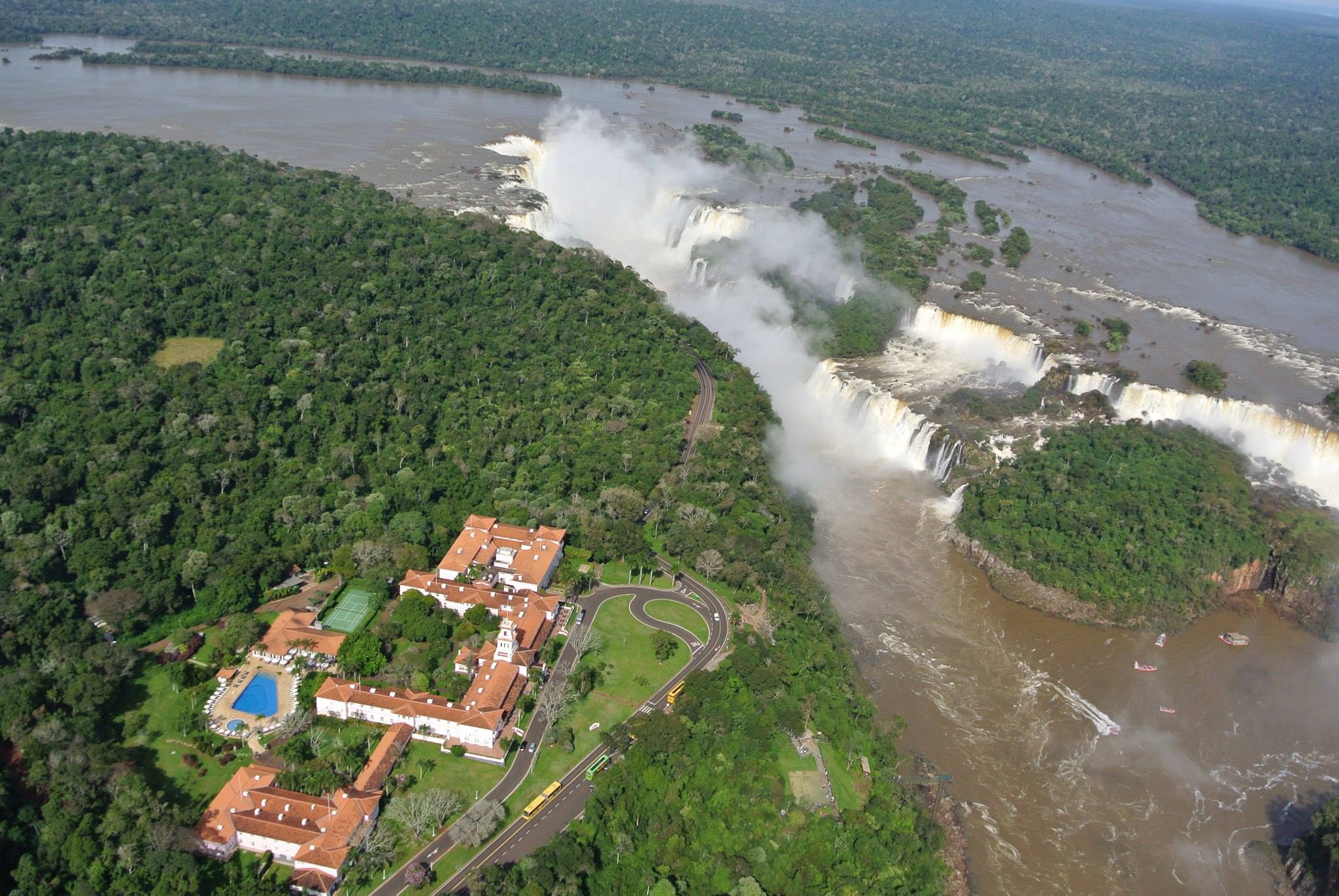 View of Hotel Das Catartas and Iguazu Falls from Helicopter