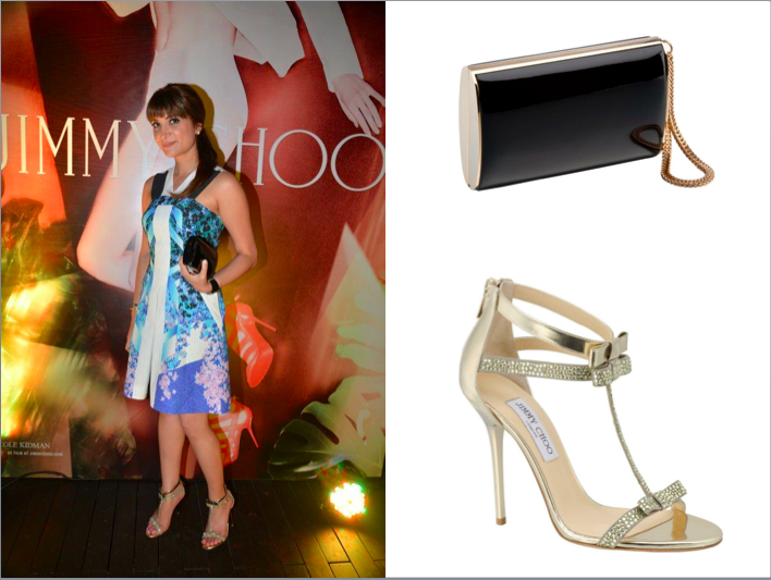 Host Michelle Poonawalla wearing Jimmy Choo Escape sandals & carrying the Jimmy Choo Carmen clutch