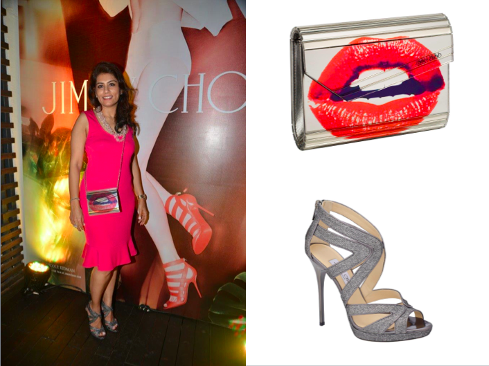 Deepika Gehani in an Emporio Armani dress, carrying the Jimmy Choo Lip Candy & Jimmy Choo Collar shoes