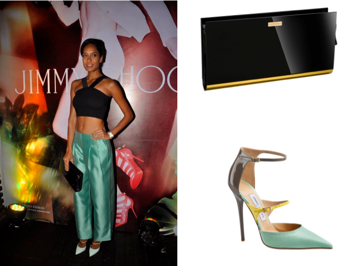 Lisa Haydon in Giorgio Armani & Jimmy Choo Typhoon shoes & Chill clutch