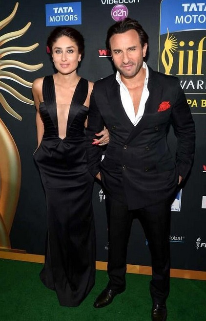 Kareena Kapoor in Giorgio Armani & Saif Ali Khan in a double-breasted suit