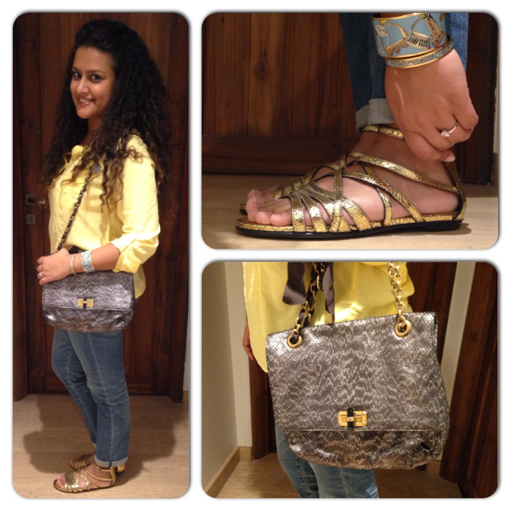 Shirt: Superdry, Sandals: Bottega Veneta; Bag: Lanvin; Bracelets: Hermes