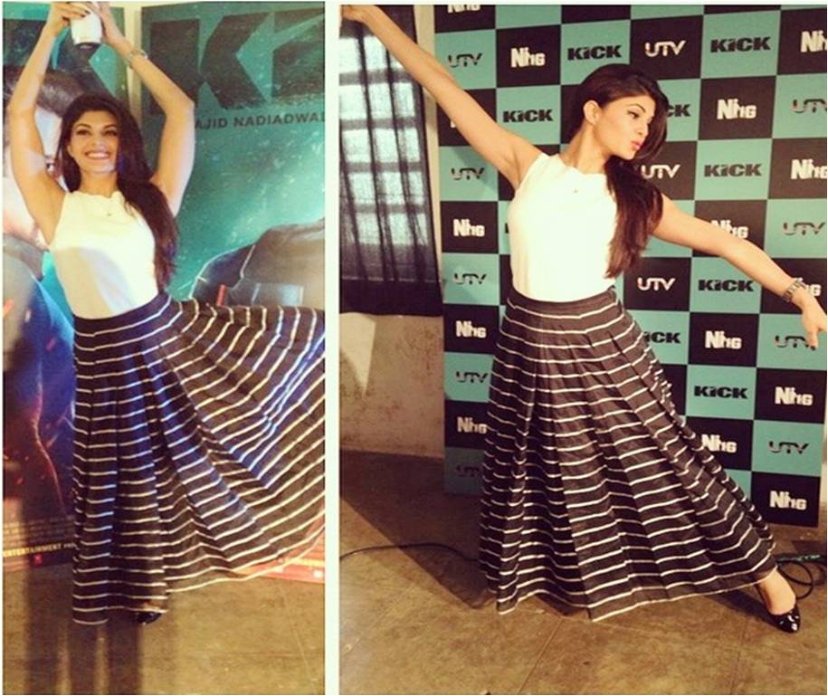 Jacqueline Fernandez dressed in a Giorgio Armani ensemble skirt for Kick promotions