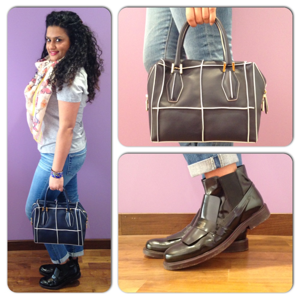 Tod's Leather Ankle Boots, Tod's D Bag, Alexander McQueen T-shirt & Scarf, Hermes Cuff and AG Jeans