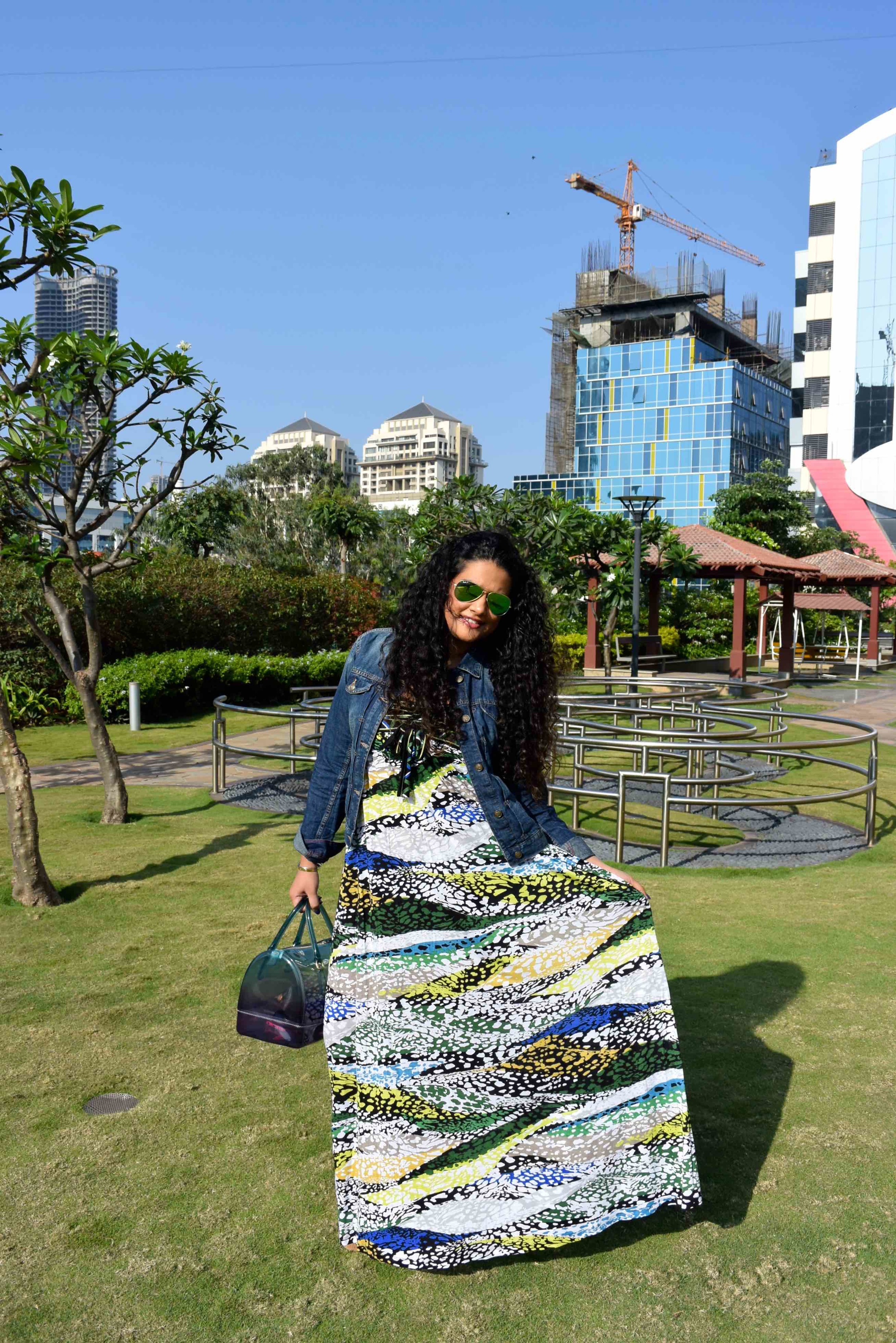 Dress: BCBG Max Azria, Jacket: Zara, Sunglasses: Ray-Ban, Bag: Furla, Shoes: Salvatore Ferragamo, Rings: Manish Arora for Amrapali