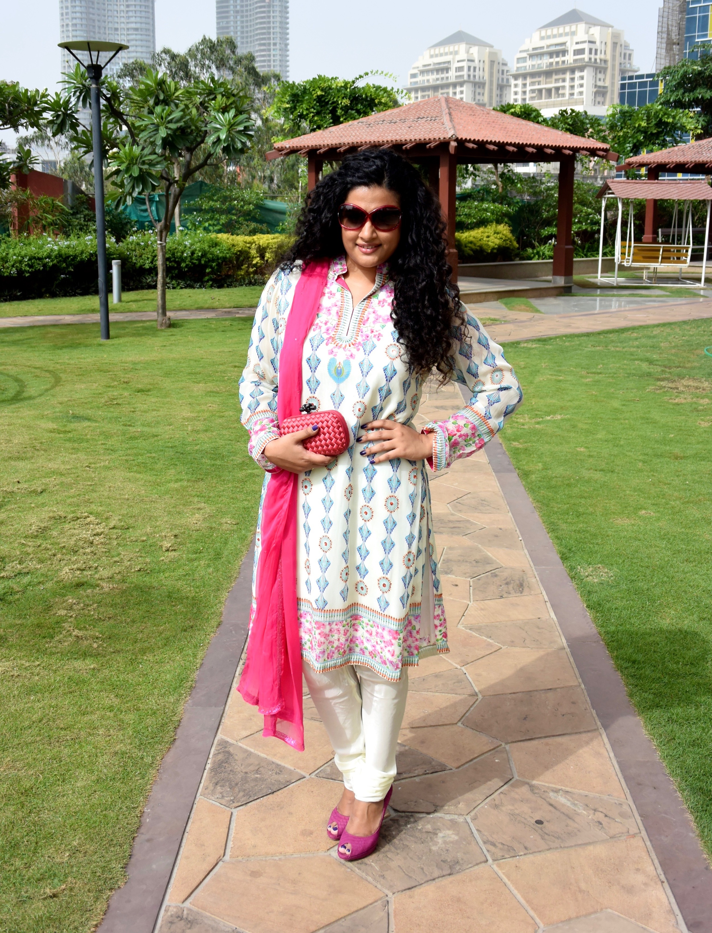 Churidar Kurta Set - Indian by Manish Arora, Clutch - Bottega Veneta, Shoes - Dior, Sunglasses - Tom Ford