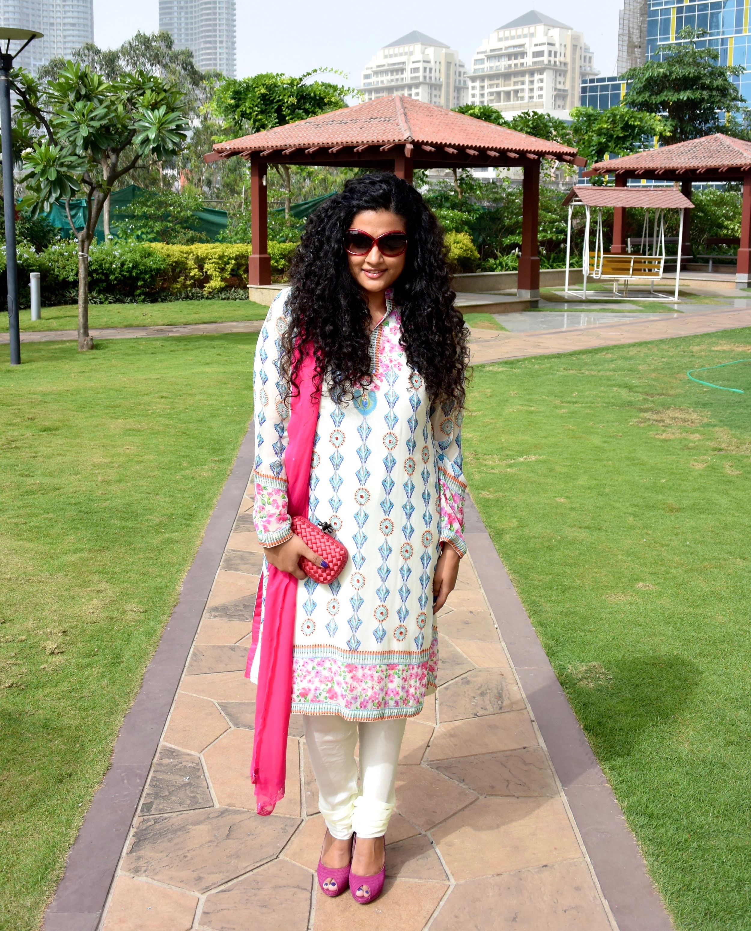 Churidar Kurta Set - Indian by Manish Arora, Clutch - Bottega Veneta, Shoes - Dior, Sunglasses - Tom Ford