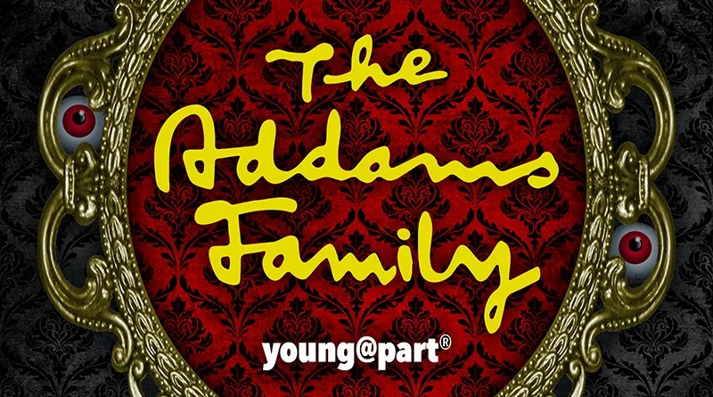 The Addams Family Young@Part logo gold frame with eyeballs