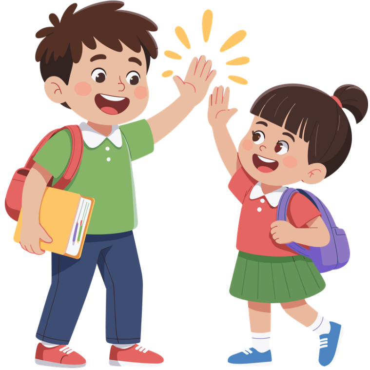 A boy and girl, both in school uniforms, high-fiving each other. The boy has a backpack and is holding a book, while the girl has a backpack and is smiling.