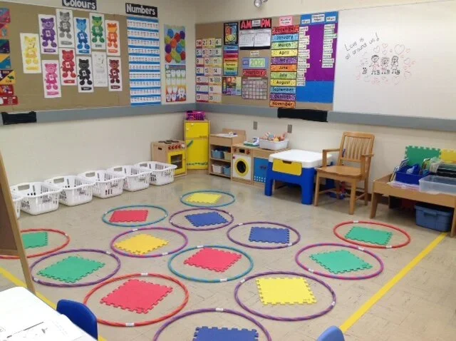 Classroom corner with colorful floor mats inside hula hoops, baskets on the floor, and educational posters on the wall.