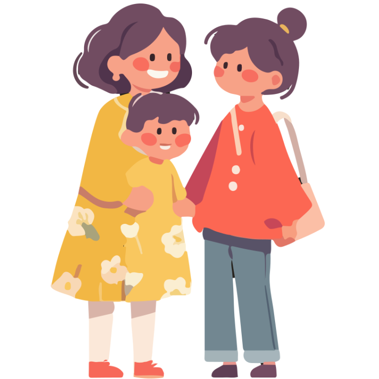 Illustration of three happy children standing close together, two girls and a boy, smiling and holding hands.
