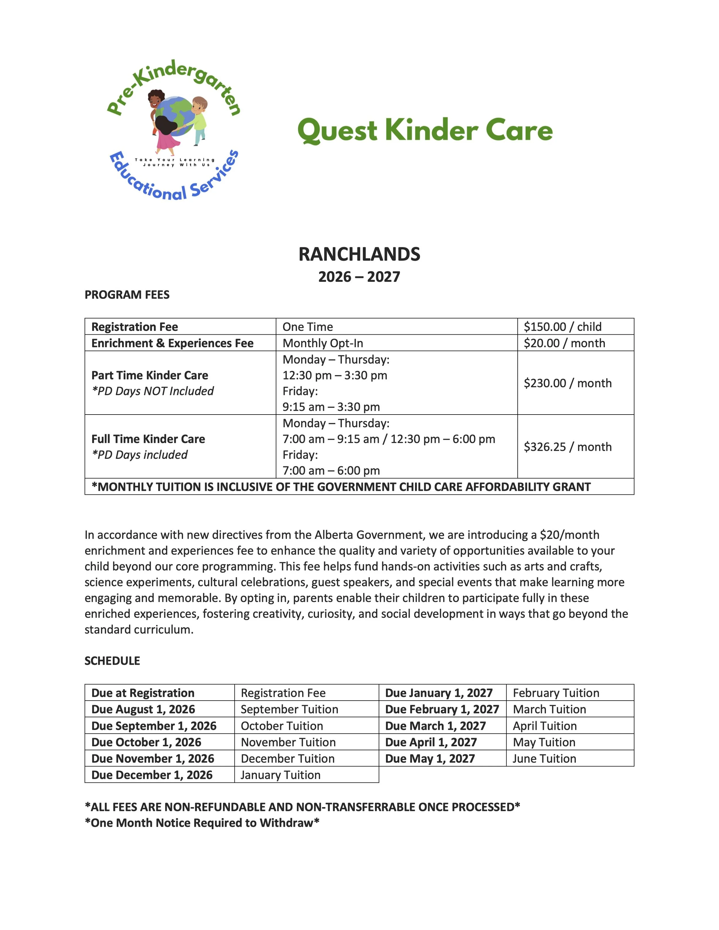 A school program fee schedule document for Quest Kinder Care, covering the 2026-2027 year, with details on registration fees, enrichment, part-time, and full-time care options, along with tuition payment deadlines.