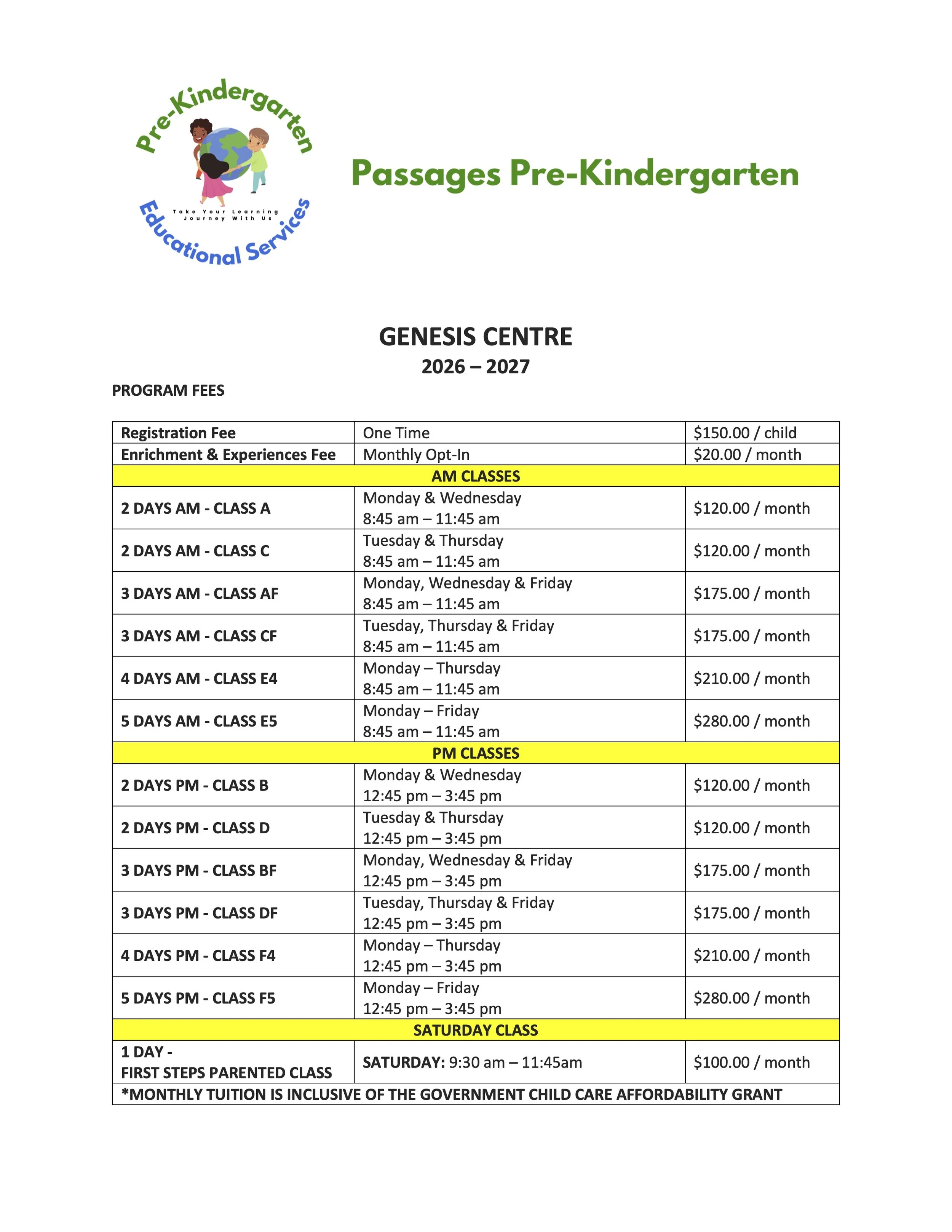 A timetable for Passages Pre-Kindergarten educational services for the 2026-2027 school year at Genesis Centre, listing different classes by hours and fees, with sections for morning, afternoon, and Saturday classes, and colorful graphics including children holding a globe.