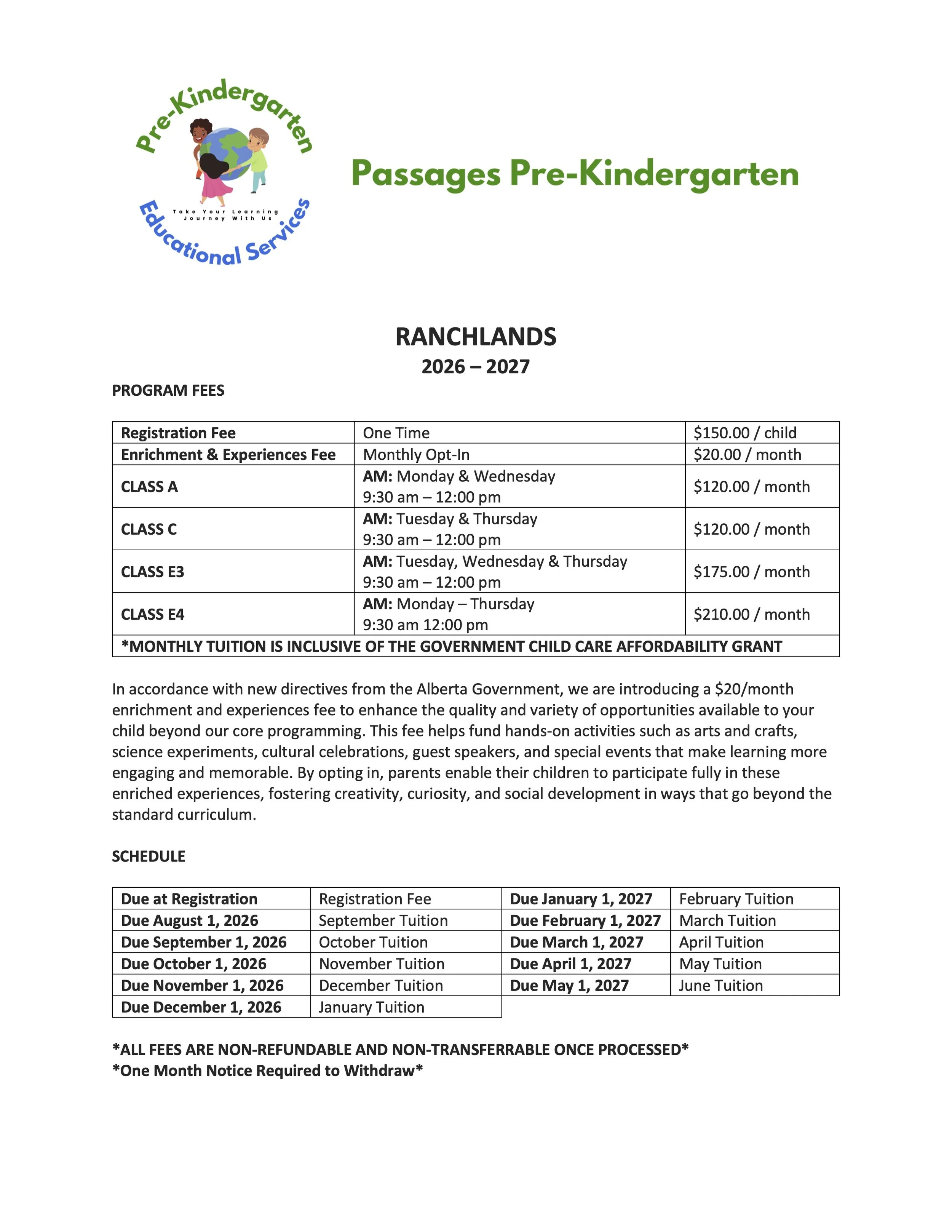 Document with logo of children holding the globe, titled 'Passages Pre-Kindergarten' with position in the 'Ranchlands' location for the 2026-2027 school year. Contains fee details, program schedule, and important dates.