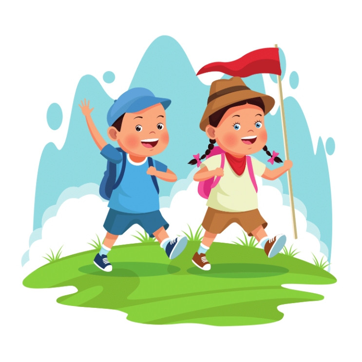 Two children hiking with backpacks and a flag, in mountain scenery.
