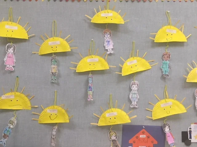 Display of children's paper crafts resembling smiling suns with attached paper dolls on a gray wall.