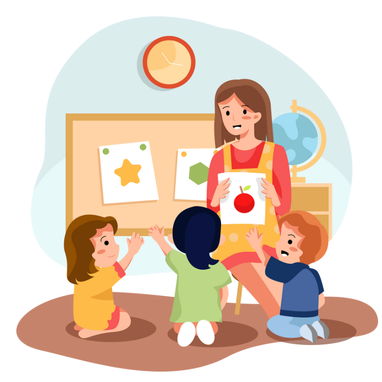 A teacher showing children flashcards with pictures of a star, a green shape, and a cherry in a classroom with a clock on the wall and globe in background.