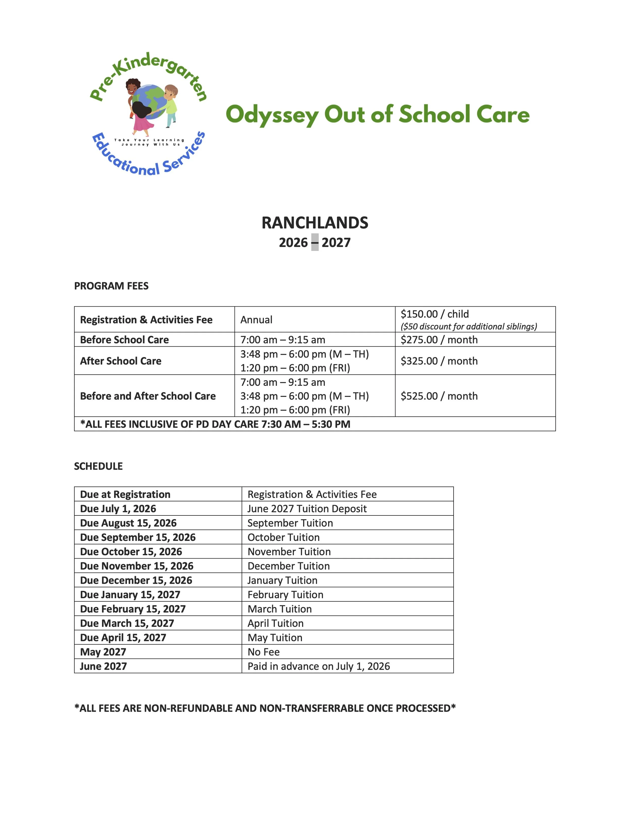 A document for a preschool program called Odyssey Out of School Care, with fees and due dates for tuition and registration for the 2026-2027 school year, including details for before and after school care, and a note about non-refundable fees.