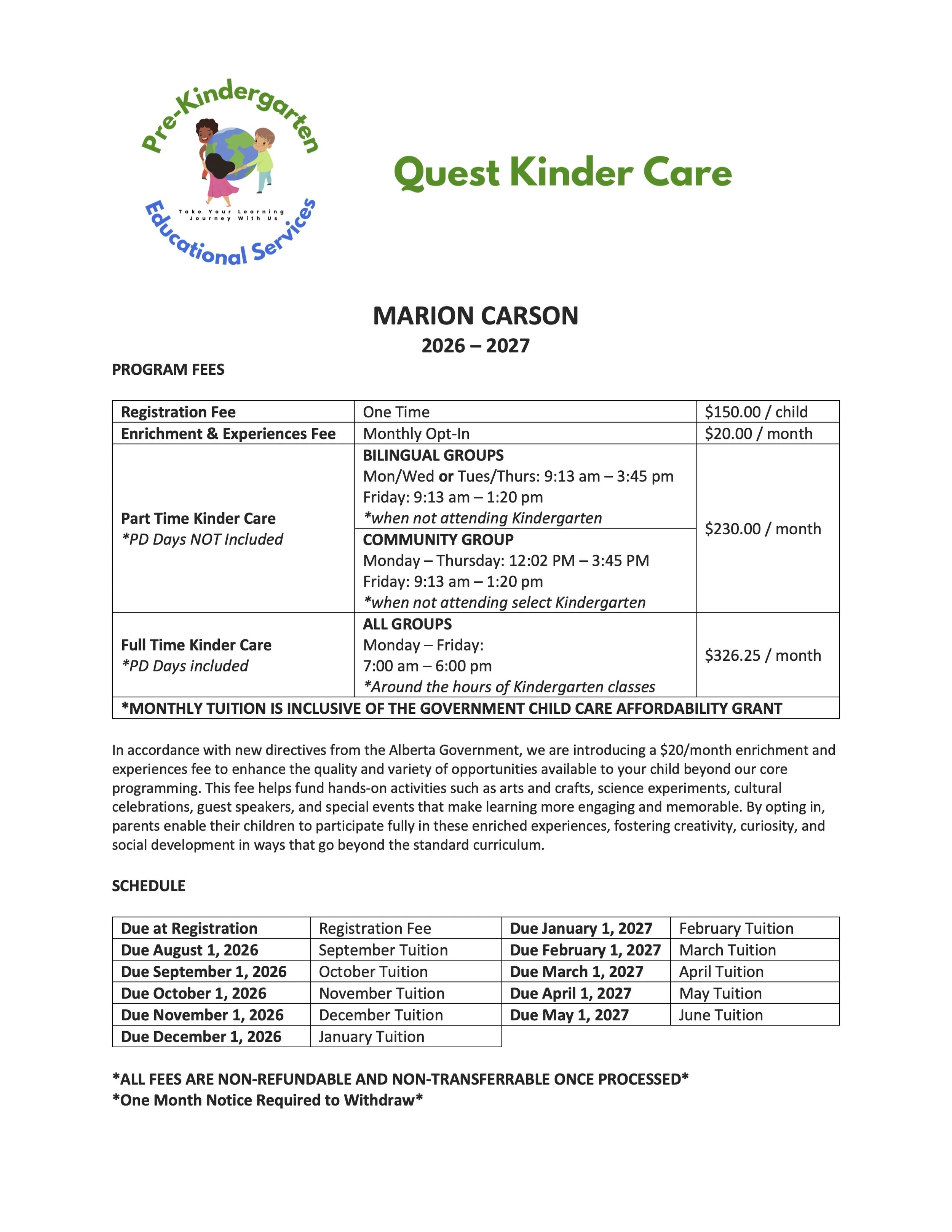 A document for Quest Kinder Care preschool program for the 2026-2027 year, displaying program fees, schedules, and deadlines, with a logo of children holding the world.