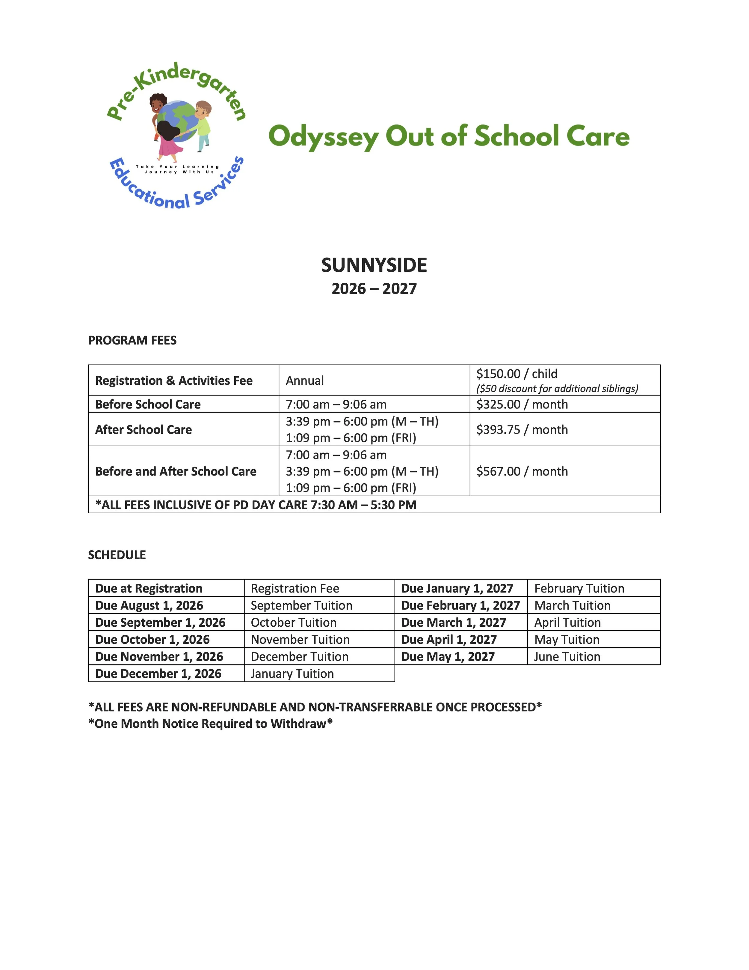 A document titled 'Odyssey Out of School Care' for Sunnyside for the 2026-2027 school year, containing fee schedules and payment deadlines, with a logo featuring children holding a globe.