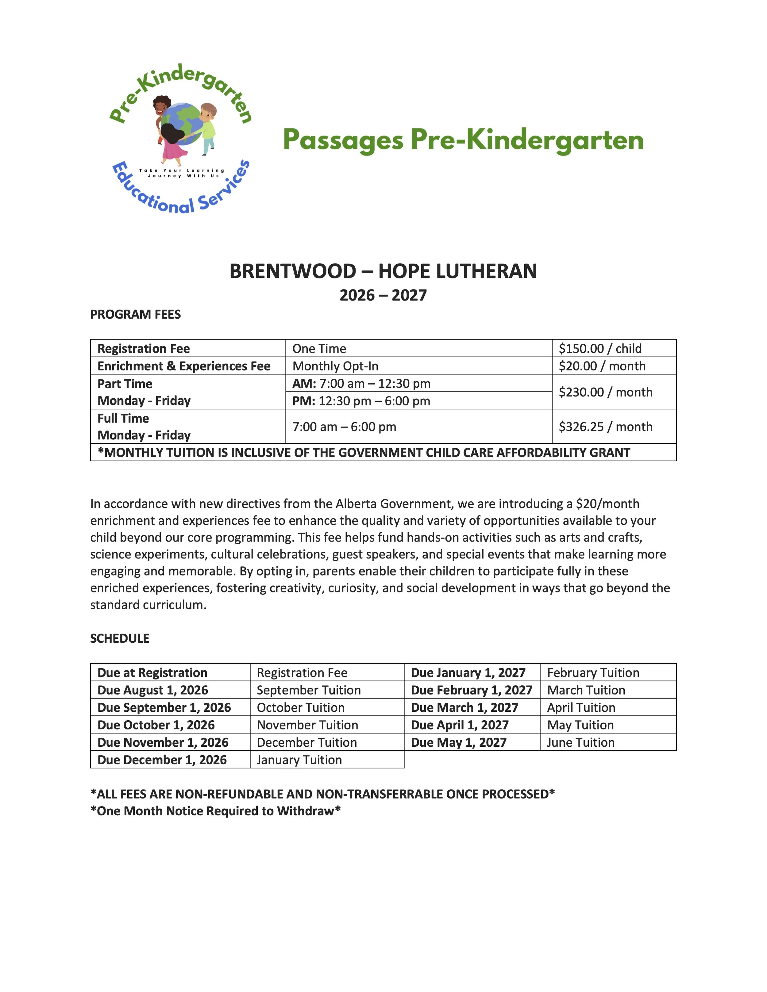 A document outlining the fees, schedule, and policies for Passages Pre-Kindergarten at Brentwood - Hope Lutheran for the 2026-2027 school year, including registration, enrichment, and tuition costs, along with important deadlines.