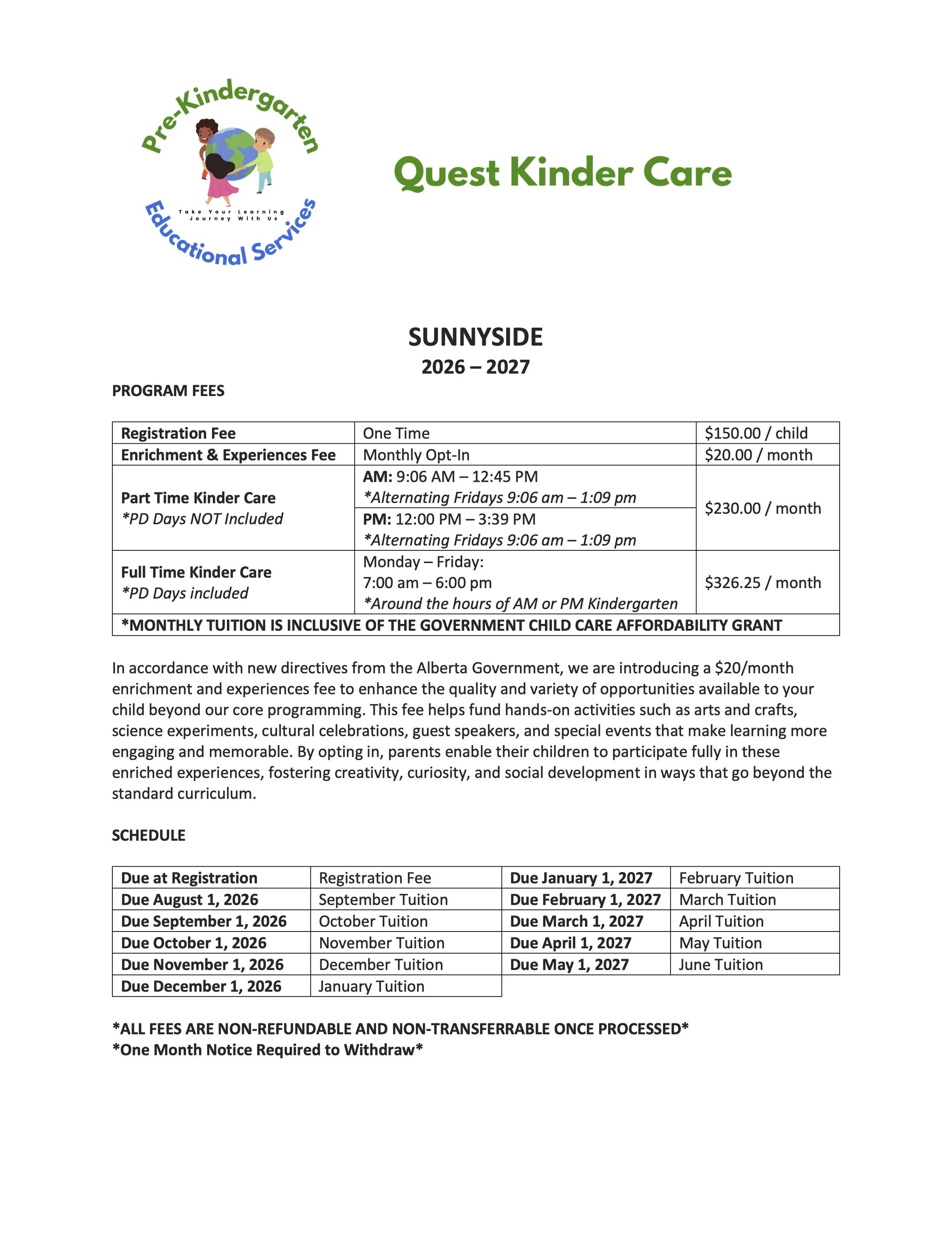 A document titled Quest Kinder Care for Sunnyside 2026-2027, listing program fees, tuition payment schedule, and registration deadlines, with a logo featuring children holding a globe and the text 'Pre-Kindergarten Educational Services'.