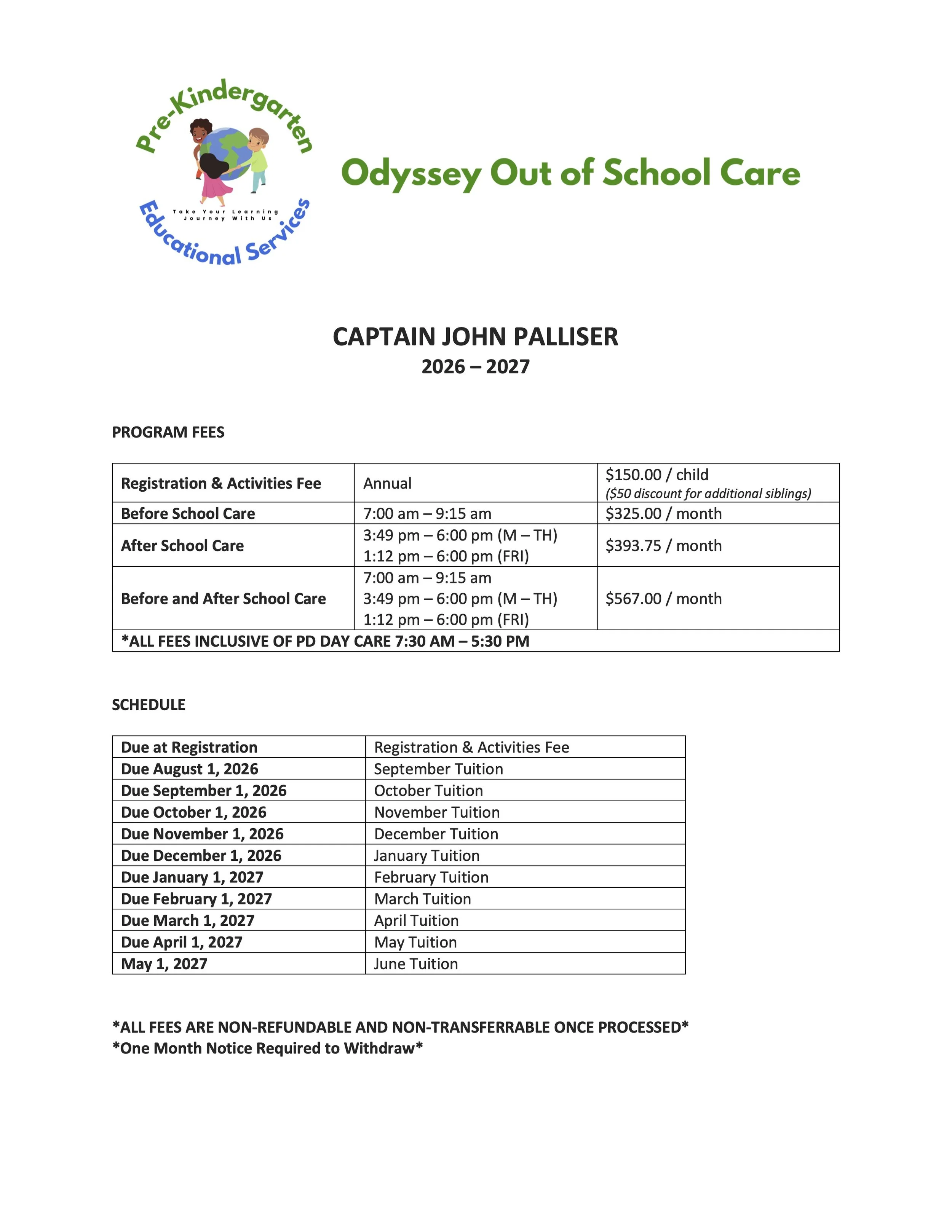 A document titled "Odyssey Out of School Care" with a logo featuring children holding hands around a globe, and details about program fees, schedules, and tuition payment deadlines for the 2026-2027 school year.