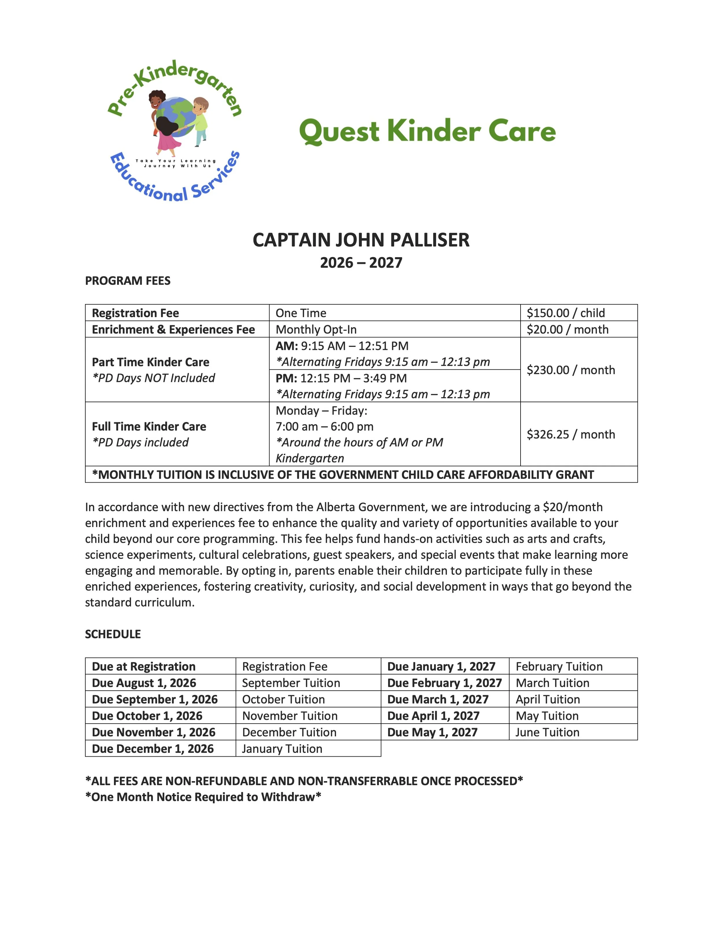 A document from Quest Kinder Care with program fees and tuition due dates for the 2026-2027 school year, including registration fee, enrichment fee, and full-time care fees with monthly rates and due dates.