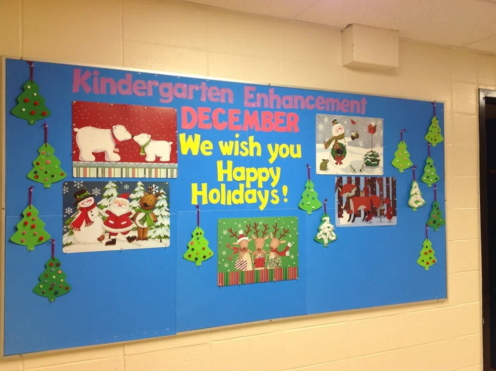 Decorated bulletin board for kindergarten enhancement with holiday theme, featuring Christmas pictures, green Christmas trees cutouts, and a oraimo greeting that says 'We wish you Happy Holidays!'