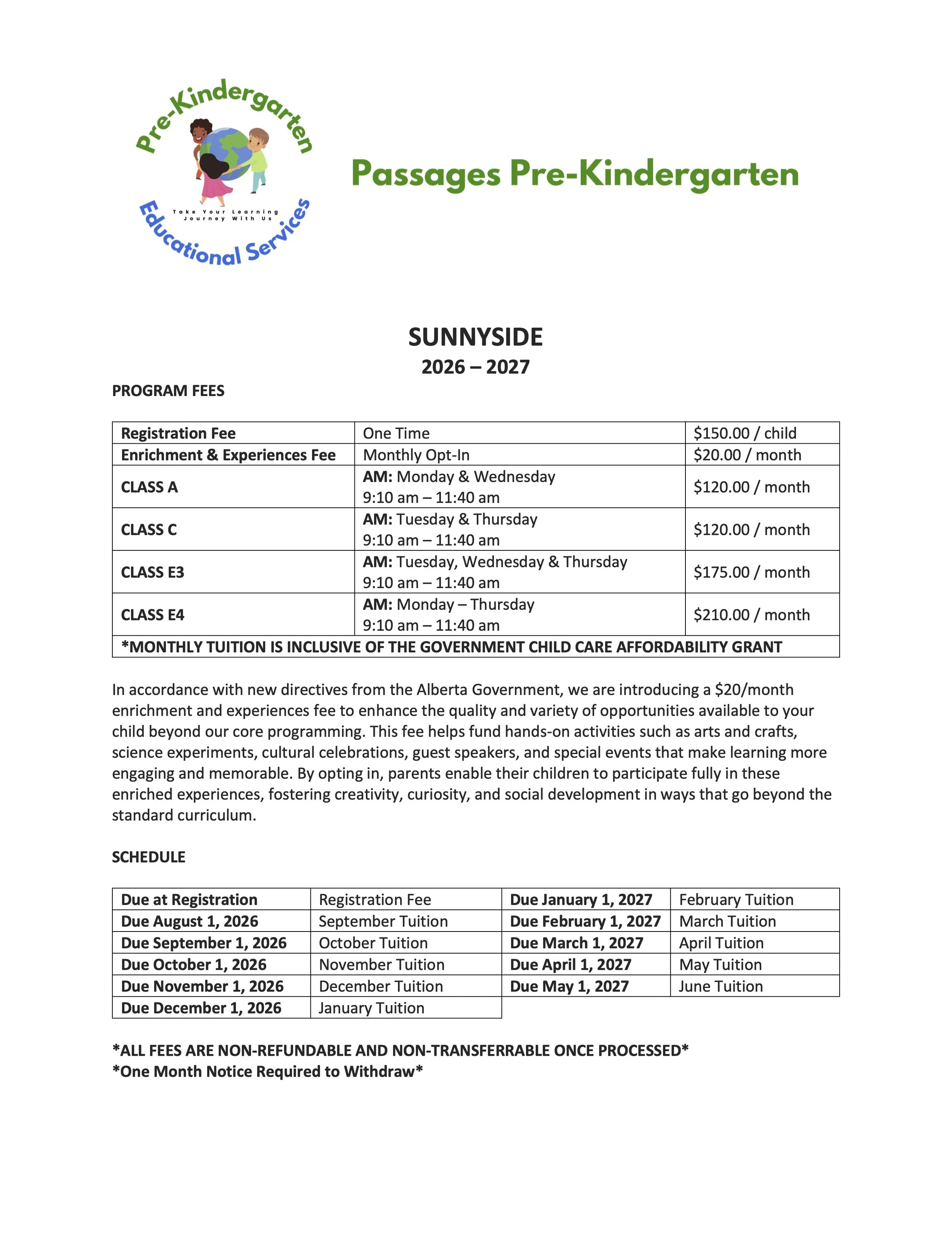 A document outlining preschool education services and fee structure for Passages Pre-Kindergarten for the 2026-2027 year at Sunnyside. It includes program fees, schedule, and tuition payment deadlines.