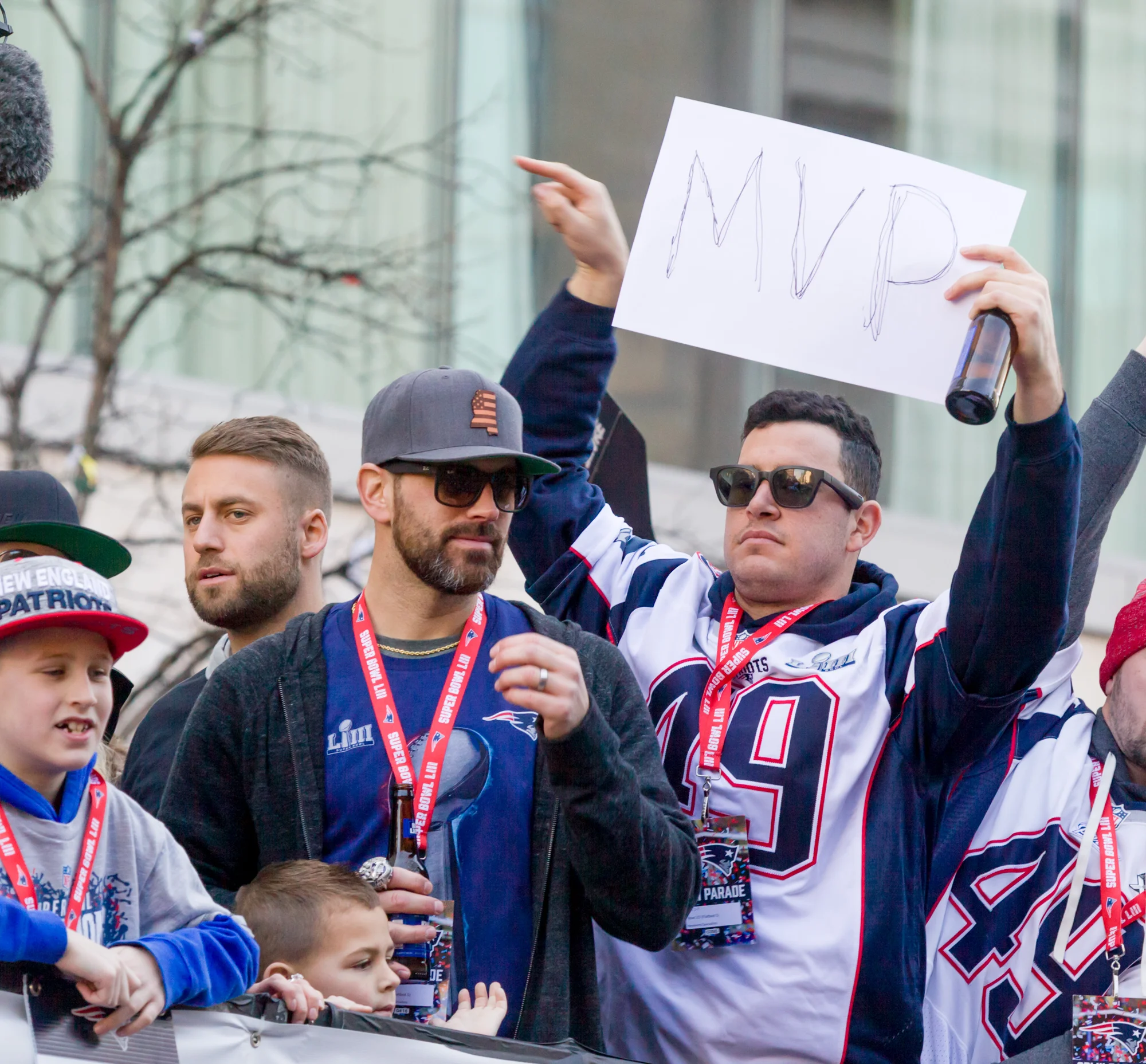Joe Cardona points the way to Super Bowl MVP Julian Edelman, who was ON THE OTHER SIDE, so I couldn’t see him. Bearded guy in the ball cap and glasses is place kicker Stephen Gostkowski.