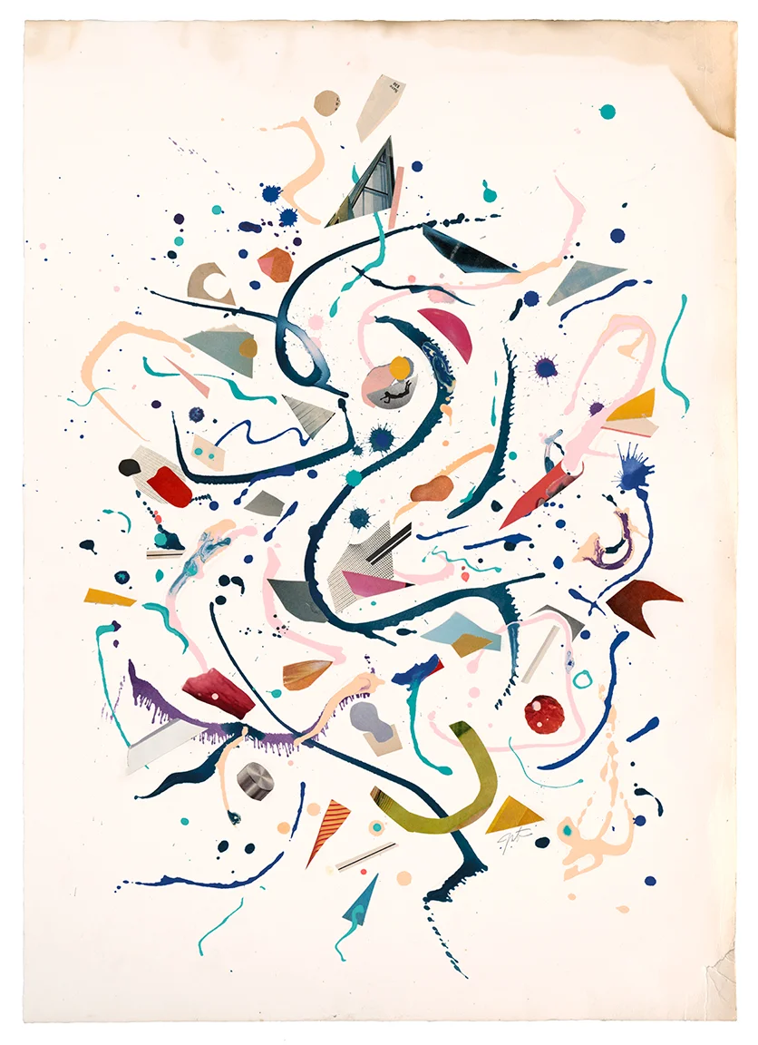 PD&UG - Falling (SOLD) // Acrylic and collage on paper // 22" X 30"