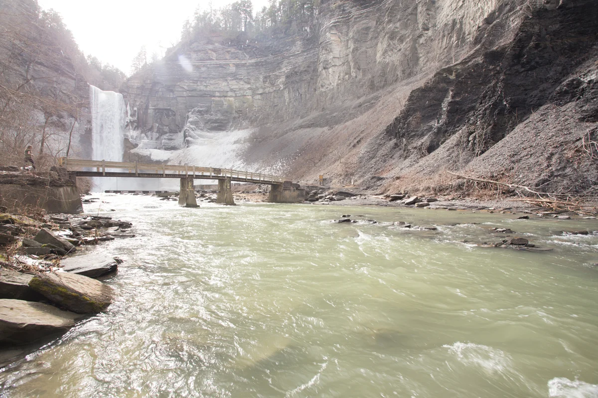 The main feature of the park, the large waterfall at the end of gorge.
