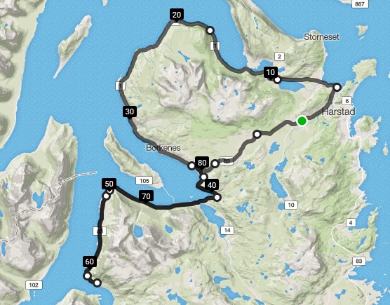 Start og mål i busslomma ved Åsegarden leir kl 13:00. Det sykles master til etter Bergsengrundkjøringa og løypen går videre over Høgda og ned i Kasfjorden, forbi Nupen og videre mot Borkenes rundt Kvæfjorden. Når man kommer til Gårakrysset går løypen til høyre og ut mot Straumen og vending på Refsnes (mellomtidsstasjon). På tur tilbake fra Refsnes mot Borkenes går løypen til høyre i Gårakrysset opp bakkene mot Kvæfjordeidet. Videre tilbake til Åsegarden leir for målgang