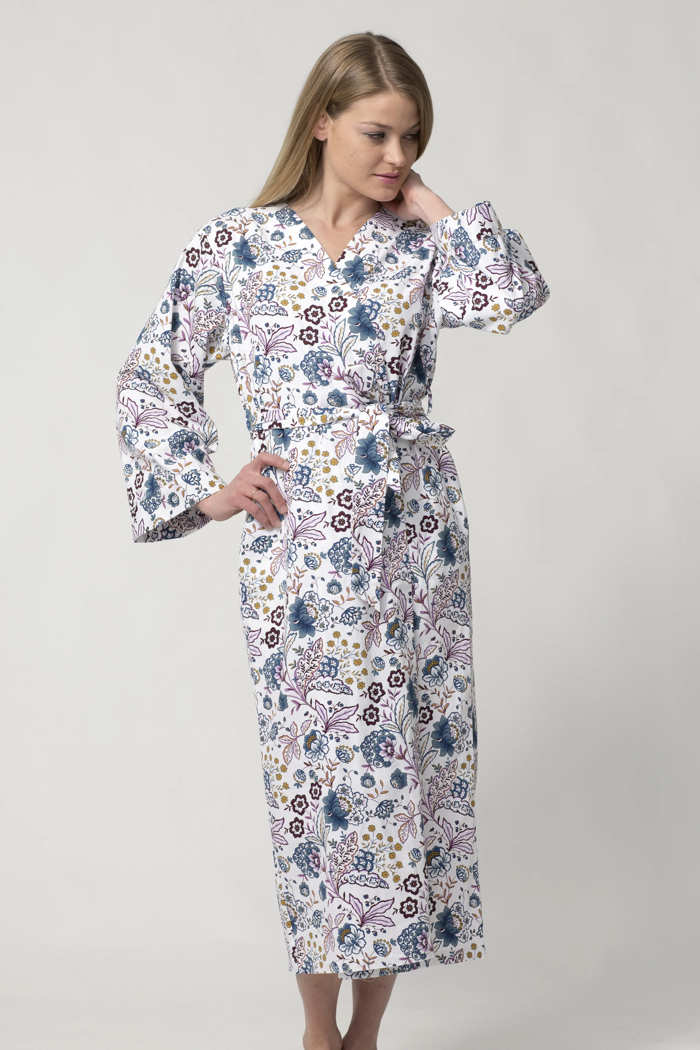 Women's Long Printed Cotton Robe with 